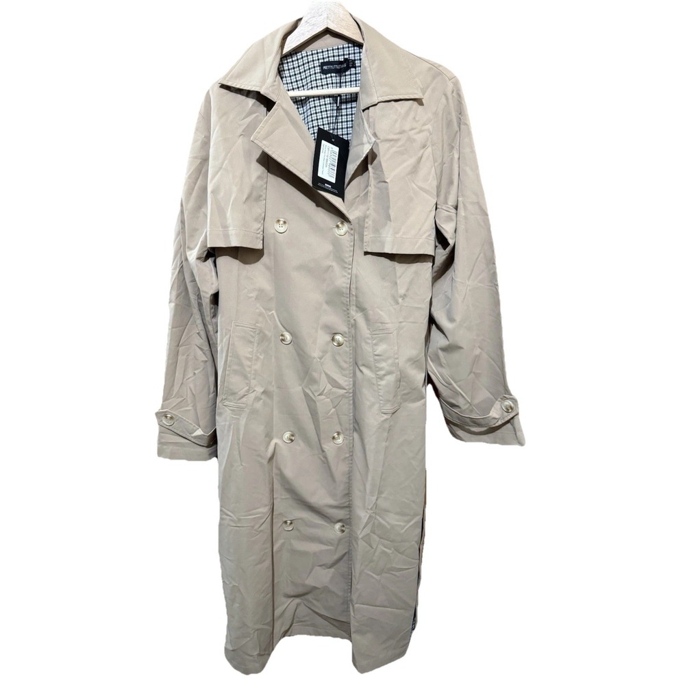 Pretty Little Thing STONE CHECK PRINT BACK OVERSIZED TRENCH COAT SIZE 2 NWT